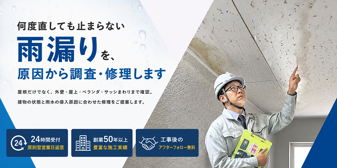 何度直しても止まらない雨漏りを、原因から調査・修理します。屋根だけでなく、外壁・屋上・ベランダ・サッシまわりまで確認。建物の状態と雨水の侵入原因に合わせた修理をご提案します。